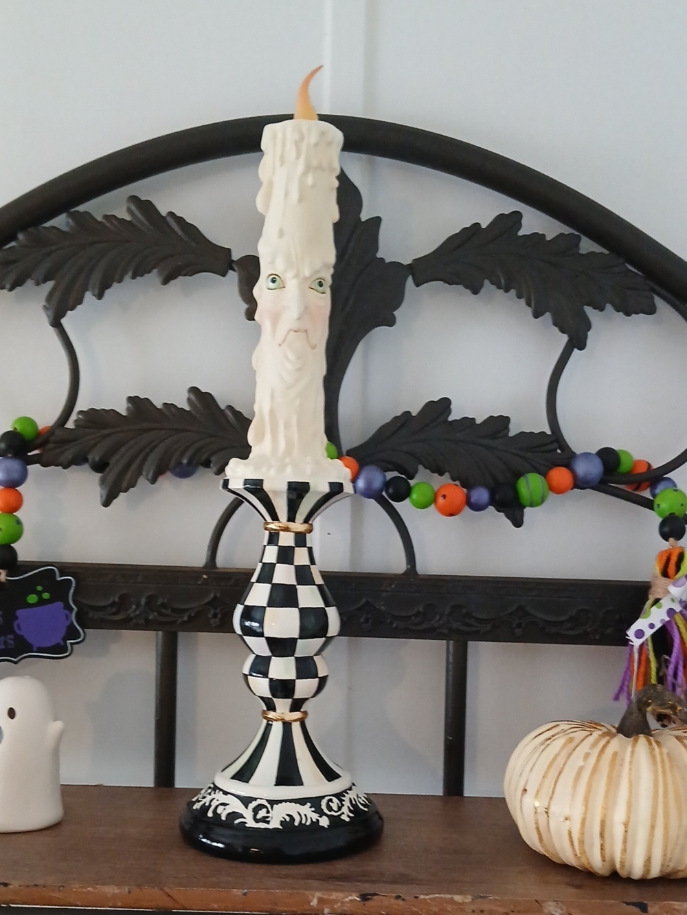 MacKenzie-Childs Black & White Check Candlestick with Face Candle
